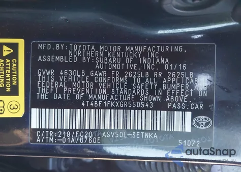 2016 Toyota Camry Le z USA, uszkodzony, nr VIN 4T4BF1FKXGR550543